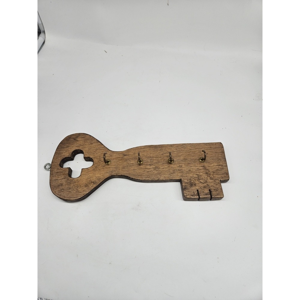 Handmade Wooden Key shape Key Holder 4 hooks 12" long Wall Decor